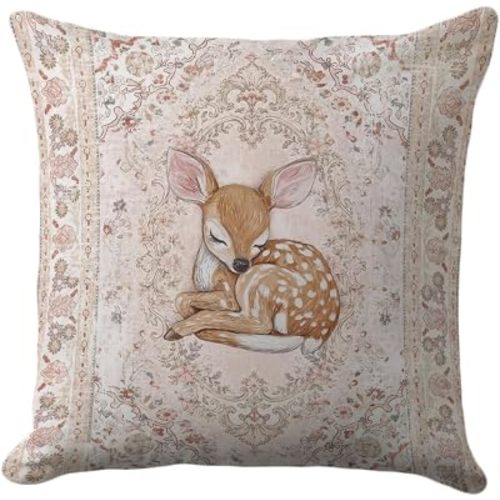 Sleeping Fawn Pillow Cover 18x18, Floral Woodland Nursery Decor