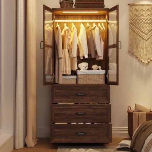 75" H Wardrobe Closet with LED Light & Glass Door, Modern Armoire Wardrobe Closet with 3 Drawers & Hanging Rail, Armoire Clothing Organizer for Bedroom