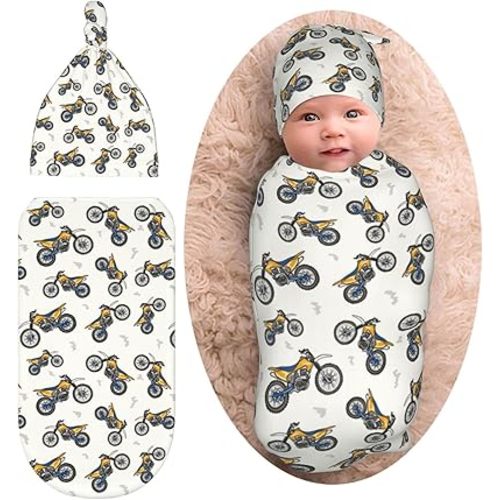 Motorcycle Cartoon Baby Stuff Newborn Baby Swaddle Blanket Swaddling Blanket with Beanie Set Soft for Unisex Girls Boys