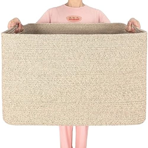 MINTWOOD Design 112L Extra Large Blanket Basket Holder Living Room, 25"x17"x16" Rectangle Rope Woven Storage Basket with Handles for Laundry, Towels, Shoes, Dog Toy Organizer Bin Box, Oatmeal Brown