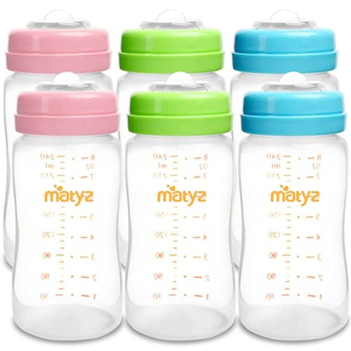 6-Pack Breast Milk Storage Bottles (8 Ounce, 3 Colors) - Wide Neck Breastmilk Collection and Storage Bottle - Formula Storage Bottles Compatible with Medela Avent Spectra Pumps - 8 Ounce, Pack of 6, 3 Colors Lids
