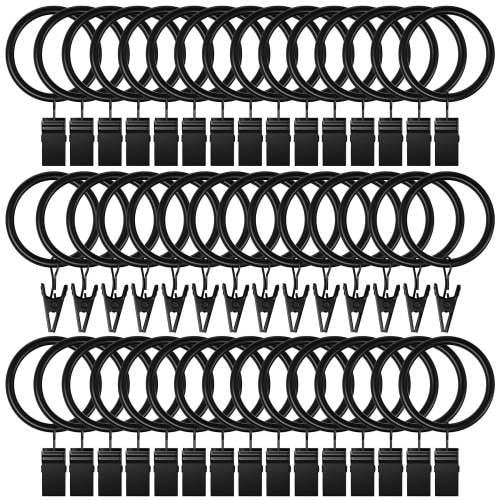 44 Pack Curtain Rings with Clips, Black Curtain Hooks Hangers, Rustproof Metal Drapery Rings for Hanging Drapes Bows Tension Rod, 1" Interior Diameter, Fits up to 5/8 in Curtain Rod