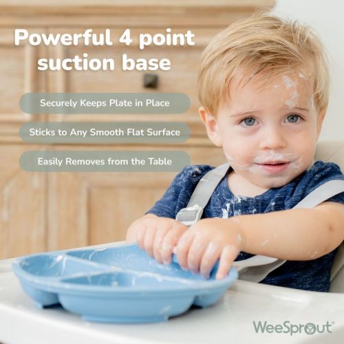 WeeSprout Suction Plates for Babies & Toddlers 100% Silicone Divided Design - No Lids, 3 Pack (Matte Green, Pink & Off White)
