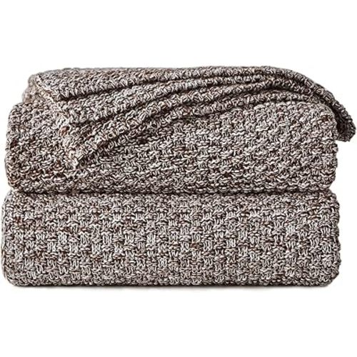 Longhui bedding Coffee Knitted Throw Blanket for Couch, Soft, Cozy Machine Washable 100% Cotton Sofa Knit Blankets, Heavy 3.0lb Weight, 51 x 63 Inches, Coffee and White Color.