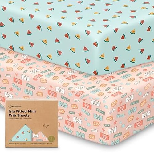 Pack and Play Sheets Fitted - 2-Pack Mini Crib Sheets for Pack N Play Mattress 38x26, Soft & Cozy, Neutral Toddler Playard Bedding, Snug Fitted Mini Baby Crib Mattress Cover Boy, Girl (Beach Day)