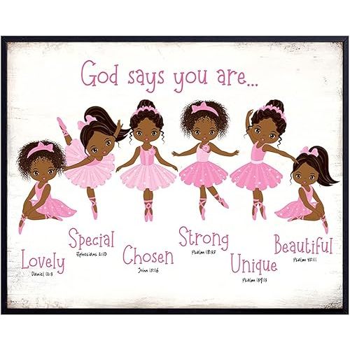 Black Afro African American Girl Wall Art - God Says You Are Christian Bible Verses - Religious Room Decor - Toddler, Little Girls Bedroom Decor - Pink Ballerina Baby Room Decorations - Daughter Gifts