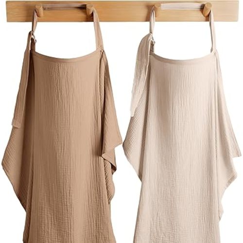 Comfy Cubs Muslin Nursing Cover Pack of 2, 100% Cotton Muslin Breastfeeding Cover for Moms, Soft & Breathable Baby Nursing Scarf, Adjustable Neck Strap - Privacy Coverage - Sand and Cedar