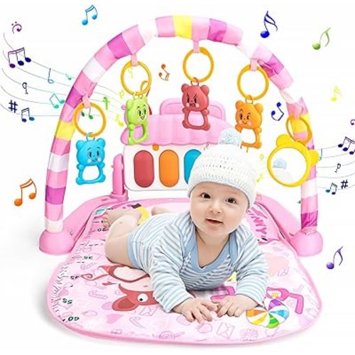 Baby Play Mat for Babies 0-6 Months,Piano Tummy Time Activity Mat with Music,Play Mat for Babies with 5 Linkable Toys Pink-21