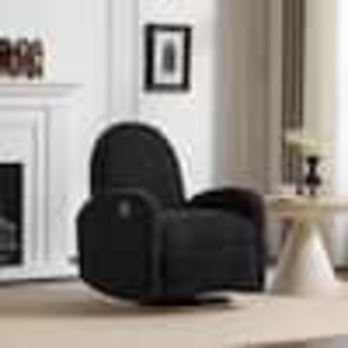 Harper & Bright Designs Black Multifunctional Modern Boucle Fabric 360° Swivel Base Recliner Glider Solid Wood Nursery Chair YJH079AAE