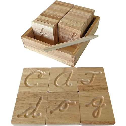 Montessori Cursive Wooden Alphabet Tracing | Preschool Learning Letter Tracing | ABC Flash Cards | Double Sided Uppercase and Lowercase | Includes Storage Box and Stylus Pen | Set of 26 Pieces