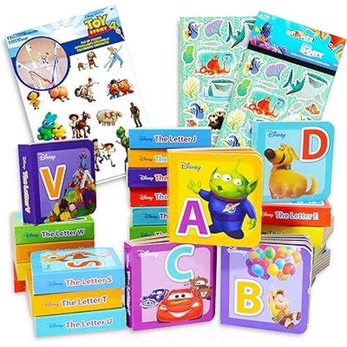 Disney Alphabet Book Bundle Disney Board Books Set ~ 26 Disney Pixar Alphabet Learning Books Disney Board Books For Toddlers with Stickers (Disney Educational Books)