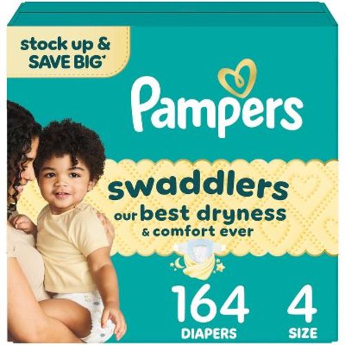 Pampers Swaddlers Sensitive Disposable Diapers Massive Pack - Size 4 - 164ct: 15 to 34 Lbs, Polypropylene, Spandex