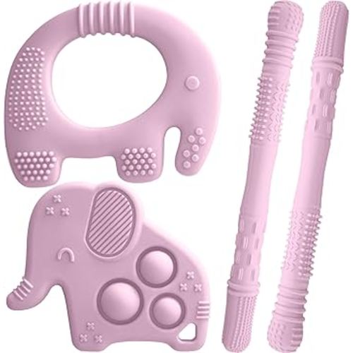 Baby Teething Toys, Silicone Teether Set for Sore Gums, 3+ Months (Pink)