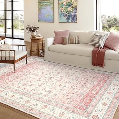 LIVEBOX Pink Area Rug 5x7, Washable Living Room Rug, Pink Rugs for Bedroom Girls, Non Slip Vintage Floral Area Rugs, Low Pile Stain Resistant Carpet for Dining Room Nursery Home Decor