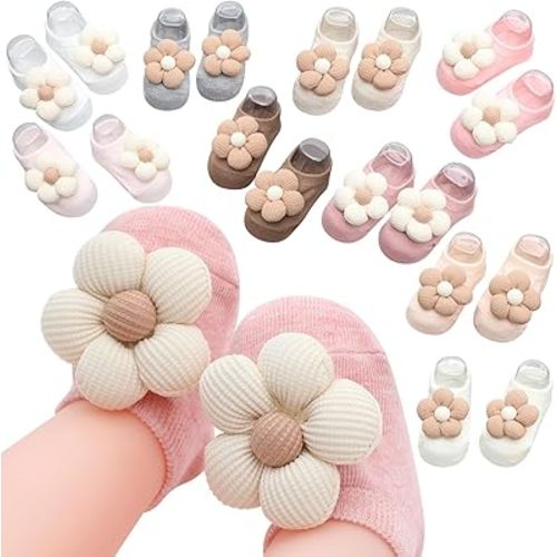 Shyyween 10 Pairs Baby Girls Socks with Grip for 0-6 Months Cute Flower Newborn Non-slip Ankle Socks Gift for Infants Toddler