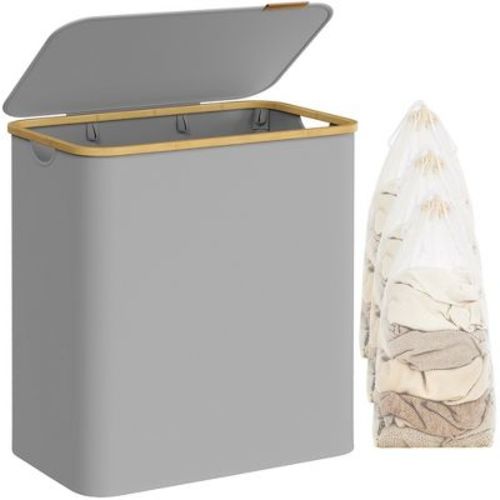 SONGMICS 150L Laundry Hamper with Lid 3-Section Large Laundry Basket Removable Mesh Liner Bamboo Handles Collapsible Dove Gray