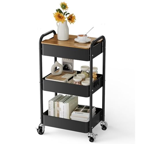 johgee 3-Tier Rolling Cart with Table Top, Metal Utility Cart on Wheels | Sturdy Storage Organizer Cart with Lockable Wheels&Hooks for Craft, Office, Classroom, Kitchen and Bathroom, Black