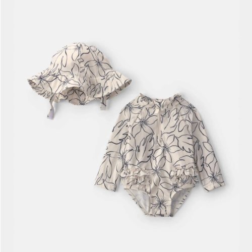 Baby Girl 2-Piece Floral Rashguard Swimsuit & Hat Set - Black/Ivory | Carter's