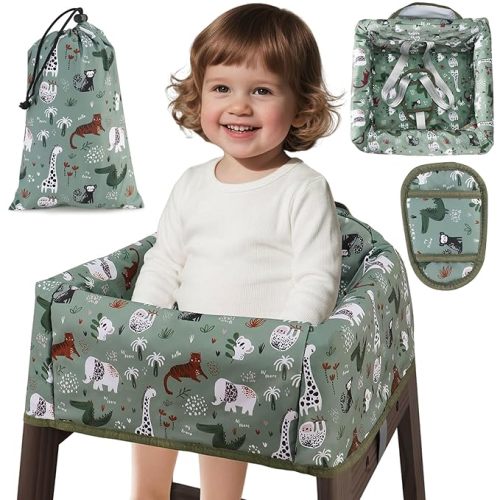 Baby High Chair Cover Restaurant with Strap Pads & 3-Point Harness, Machine Washable, Waterproof Portable Highchair Covers for Eating, Travel, Home Use - Fits Wooden Chairs, Green Dinosaurs