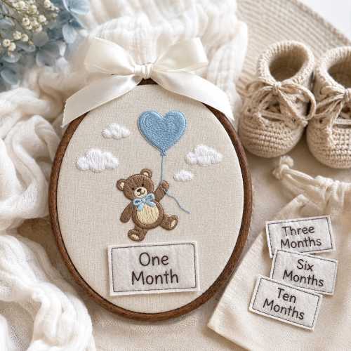 Cute Teddy Baby Milestone Embroidery Hoop, Bear Nursery Wall Art, Custom Monthly Milestone Photo Prop, Newborn Baby Gift, New Mom Gifts