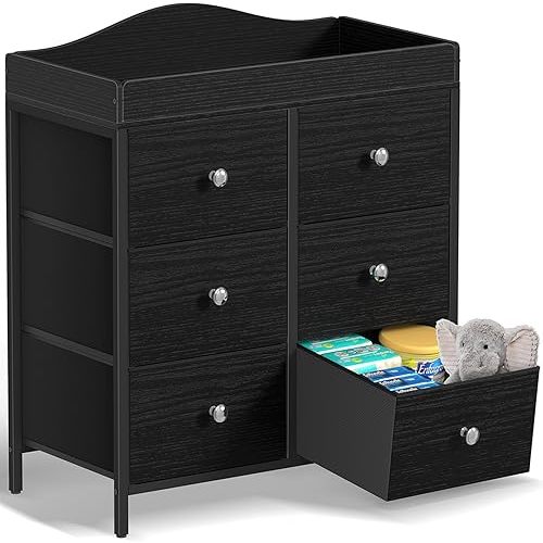 BOLUO Black Changing Table Dresser with 6 Fabric Drawers, Baby Dresser with Changing Table Top Diaper Changing Station with Storage for Nursery Modern