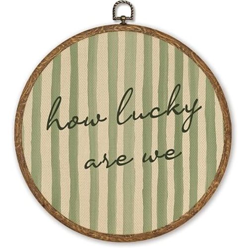 Vintage How Lucky Are We Round Wall Art, Green Stripe Canvas Prints With 10x10 Inch Round Frame,Retro Inspirational Quote Wall Hanging Artwork Decor for Bedroom Office 10x10 Inch (Green03)