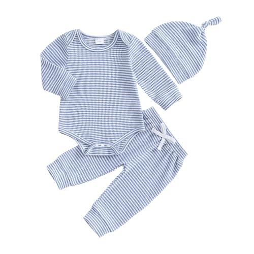fhutpw Baby Boy Clothes 3 6 9 12 Months Striped Long Sleeve Romper Tops + Pants + Hat 3Pcs Infant Fall Winter Bodysuit Outfit