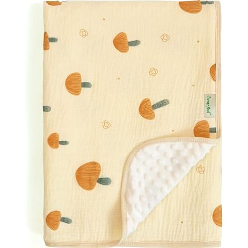 Baby Blanket for Unisex Boys Girls Toddler, Soft Minky with Double Layer Dotted Backing and Muslin Cotton Front, 39 X 43 in (Mushroom) Nursery Bed Throw Quilt