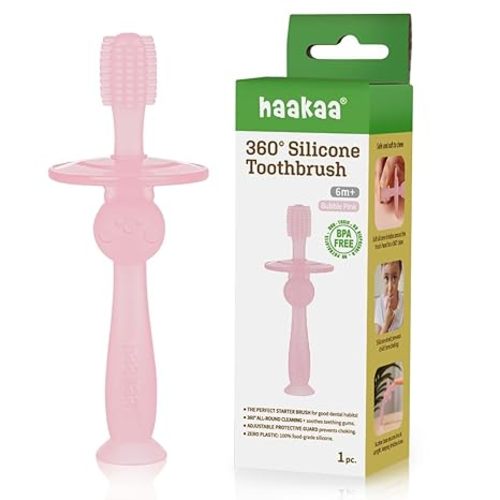 haakaa 360° Silicone Baby Toothbrush – 100% Soft Food Grade Silicone, BPA-Free, Suction Base, Safe for Babies 6 Months+, Gentle Gum and Teeth Cleaning for Infants, Gum Massager (Bubble Pink)