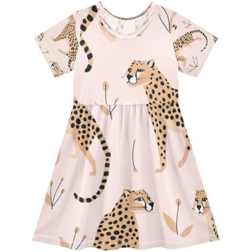 Bolaz Cheetah Leopard Girls Dress Short Sleeve Dress Casual Dresses 2-8Y
