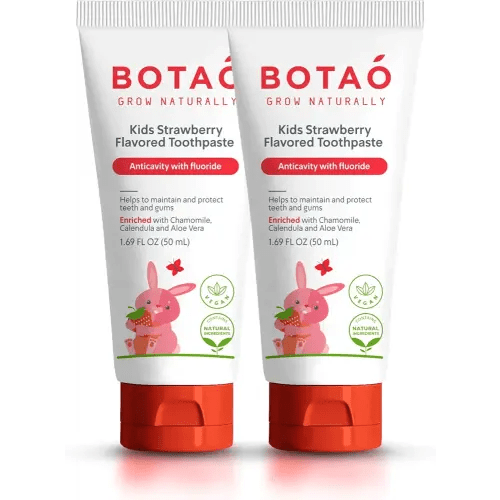 BOTAO Kids Toothpaste | Natural Strawberry Flavored Anticavity Fluoride Toothpaste Maximum Cavity Protection| EWG Verified, Vegan, SLS Free, Safe to Swallow, Aloe Vera (2Pack)