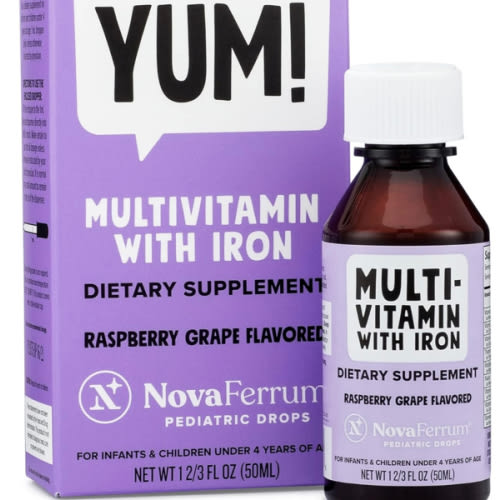 NovaFerrum Yum | Multivitamin with Iron for Infants, Toddlers & Kids | Immune Support | Ages 4 & Under | Gluten Free Certified | Sugar Free | Raspberry Grape | 50 Servings