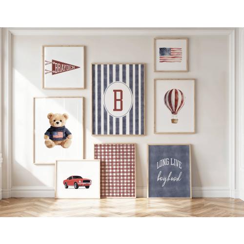 Custom Americana Boys Nursery Gallery Wall Art Set, Personalized Name, Vintage Red Blue Nursery Decor Preppy |Printable Art|Really Aesthetic