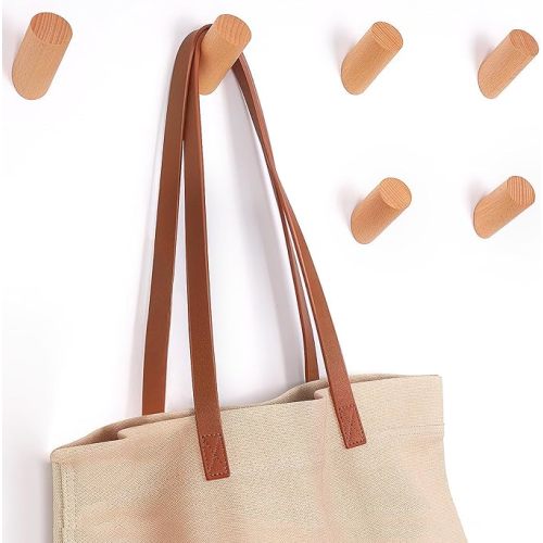 Felidio Wood Wall Hooks, 6 Pack Natural Wooden Coat Hooks Wall-Mounted, Rustic Heavy Duty Hook for Hanging Towels Coats Plants, Entryway Hat Hanger Wall Coat Rack (Beech Wood)