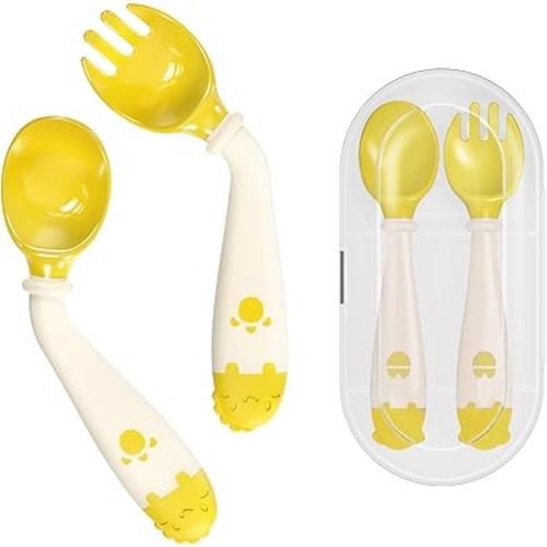 Deejoy Toddler Utensils, Self-feeding Flatware Set withTravel Case, Baby Spoons and Forks with Silicone Bendable Handle, Easy Grip Heat-Resistant, Ideal for Kids, Stage 2, Yellow