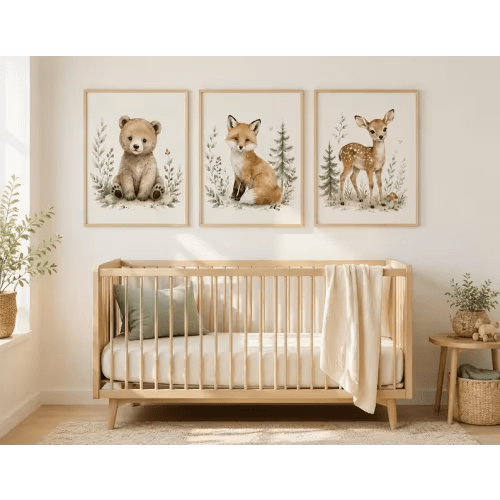 Watercolor Forest Animals Nursery Prints, Bear Fox Deer Set (Set of 3) Size 12x16