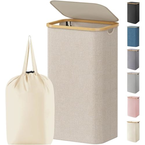 Lifewit 100L Laundry Basket with Lid, Clothes Hampers for Laundry with Bamboo Handles and 1 Removable Bag, Large Foldable Laundry Hamper for Bedroom, Bathroom, Dorm, Laundry Room, Beige