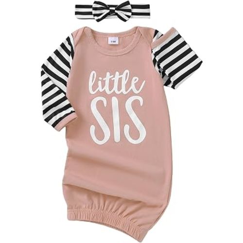 Newborn Baby Girl Little Sister Sleeper Gown Stripe Long Sleeve Nightgown Pajamas Gifts Stuff Essential Outfit