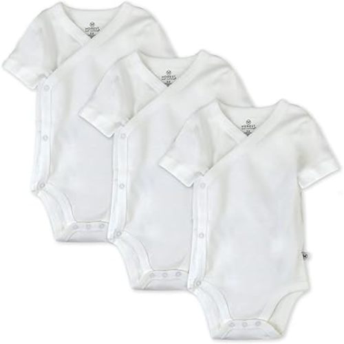HonestBaby 3 Pack Short Sleeve Side Snap Kimono Bodysuit 100% Organic Cotton for Infant Baby Boys, Girls, Honestly Pure White, 6-9 Months