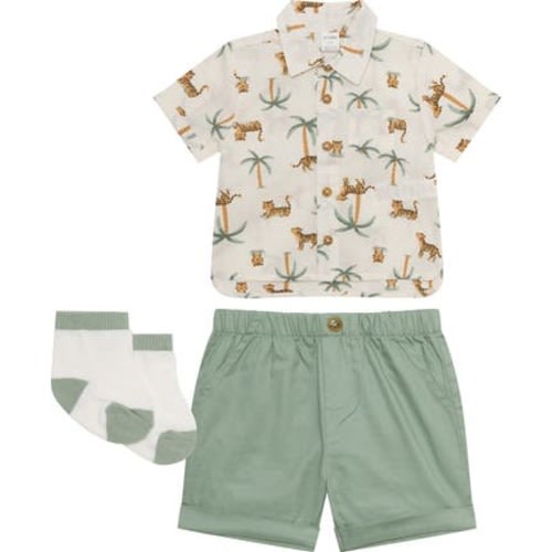 Cotton Button-Up Shirt, Shorts & Socks Set