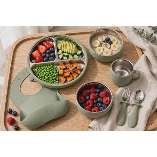 7-Piece Silicone & Stainless Steel Kids Dinnerware Set , Feeding Set