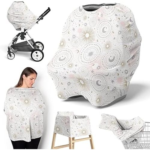 Sweet Jojo Designs Star and Moon Girl Infant Baby Car Seat Cover Nursing Breastfeeding Shopping Cart Stroller Canopy - Blush Pink Gold and Grey Celestial Sky Stars Shabby Chic