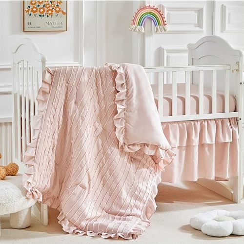 3 Pieces Tufted Stripes Crib Bedding Set with Ruffle Fringe, Pink Ruffled Comforter with Fitted Sheet and Bed Skirt , Soft and Embroidery Shabby Chic Boho Bohemian Jacquard Design for Baby Girls Boys