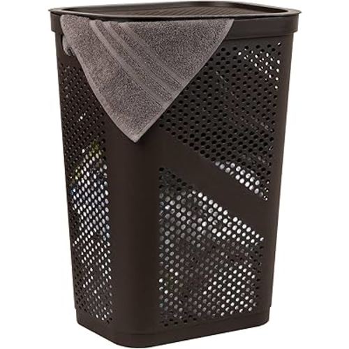 Mind Reader Slim Laundry Hamper with Lid, 60L Clothes Basket, Ventilated Plastic, Brown