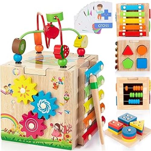 Bravmate Wooden Activity Cube, 8-in-1 Wooden Montessori Learning Toys for 18 M+ Toddlers, One Year Old First Birthday Gift, Baby Toy Set with Bonus Sorting & Stacking Board