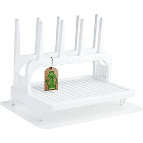 PopYum Glacier White Space Saving Drying Rack from 100% Recycled Bottles with Clear Frosted Silicone Drying Mat, countertop for Baby Bottles, Plastic Bags, Cups, Glass, tumblers, Compact