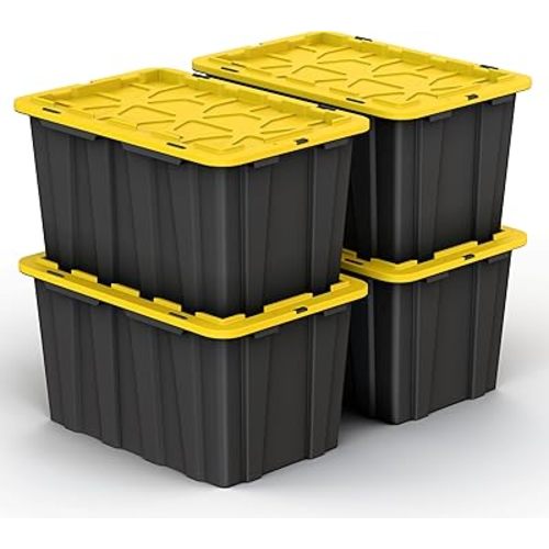 LIFETIME 4 Pack of Large 17 Gallon Plastic Storage Bin Tote Organizing Container with Secure Latching Lids, Stackable, Extra Strength Clear with Built in Handle - Black and Yellow
