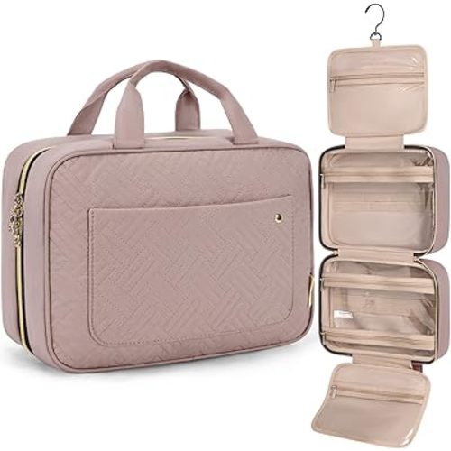 BAGSMART Toiletry Bag Travel Bag with Hanging Hook, Water-resistant Makeup Cosmetic Bag Travel Organizer for Accessories, Shampoo, Full-size Container, Toiletries (Dirty purple, Medium)