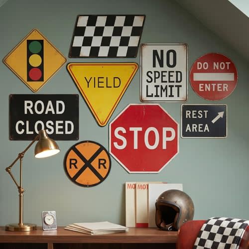 RattanView 9 Pcs Race Car Room Wall Decor Vintage Road Bedroom Decor | Classic Funny Railroad Crossing Metal Sign Traffic Wall Art Decoration for Racing Room, Garage, Man Cave, Workshop, Bar