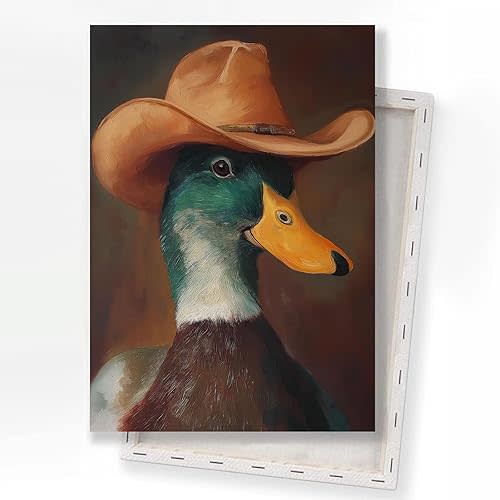 Vintage Duck Wall Art Antique Animal Print Duck with Cowboy Hat Wall Art Funny Mallard Print Western Country Farmhouse Picture Vintage Animal Portrait Painting Cowboy Mallard Poster 16x24inch Framed